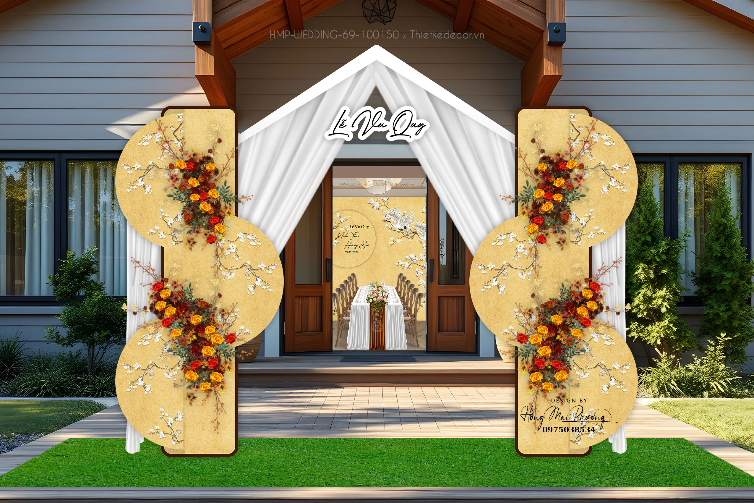 Cổng cưới tone vàng họa tiết hoa cành Vintage